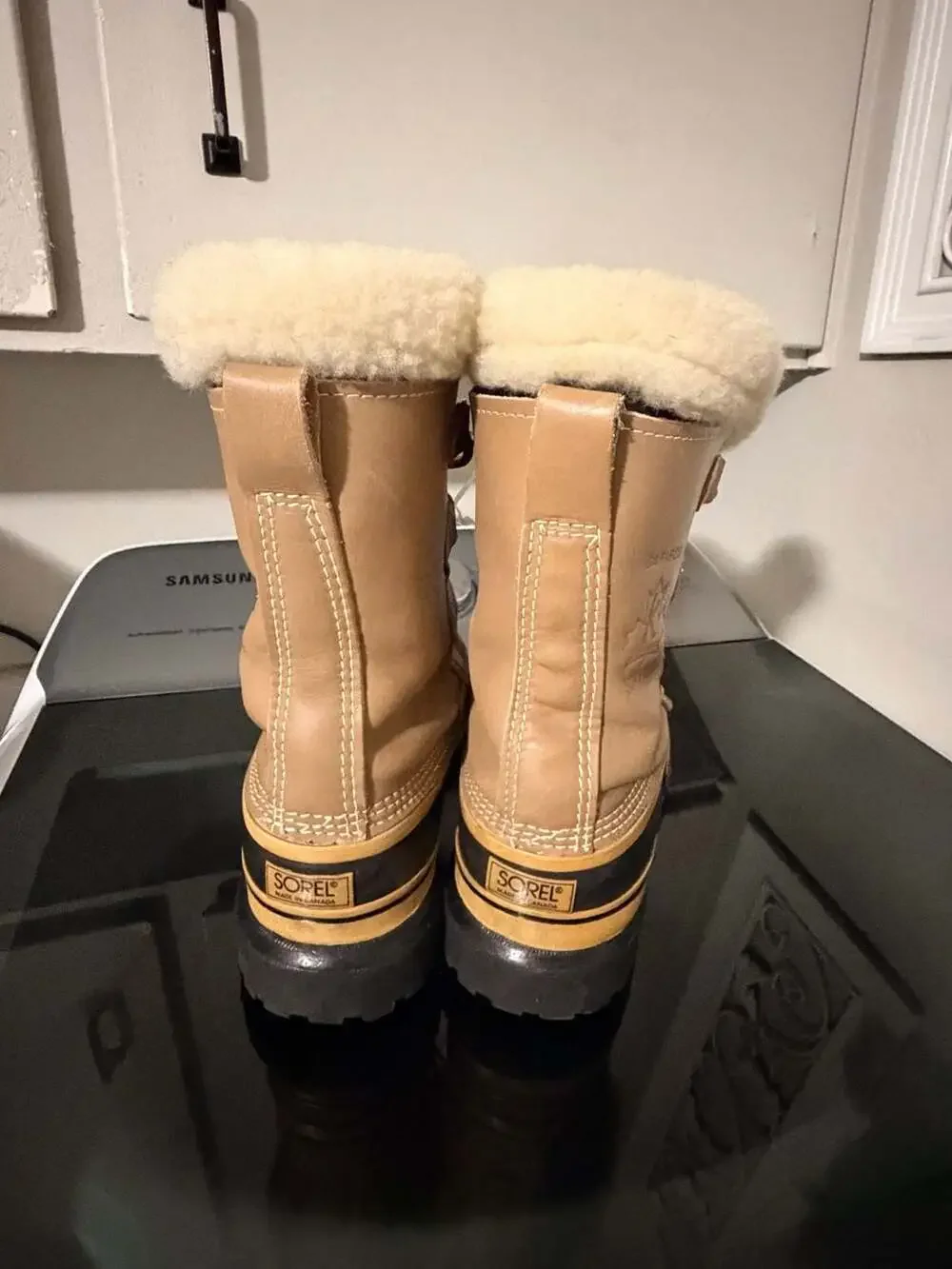 Sorel Caribou Waterproof Leather Winter Boots Tan Black Faux Fur